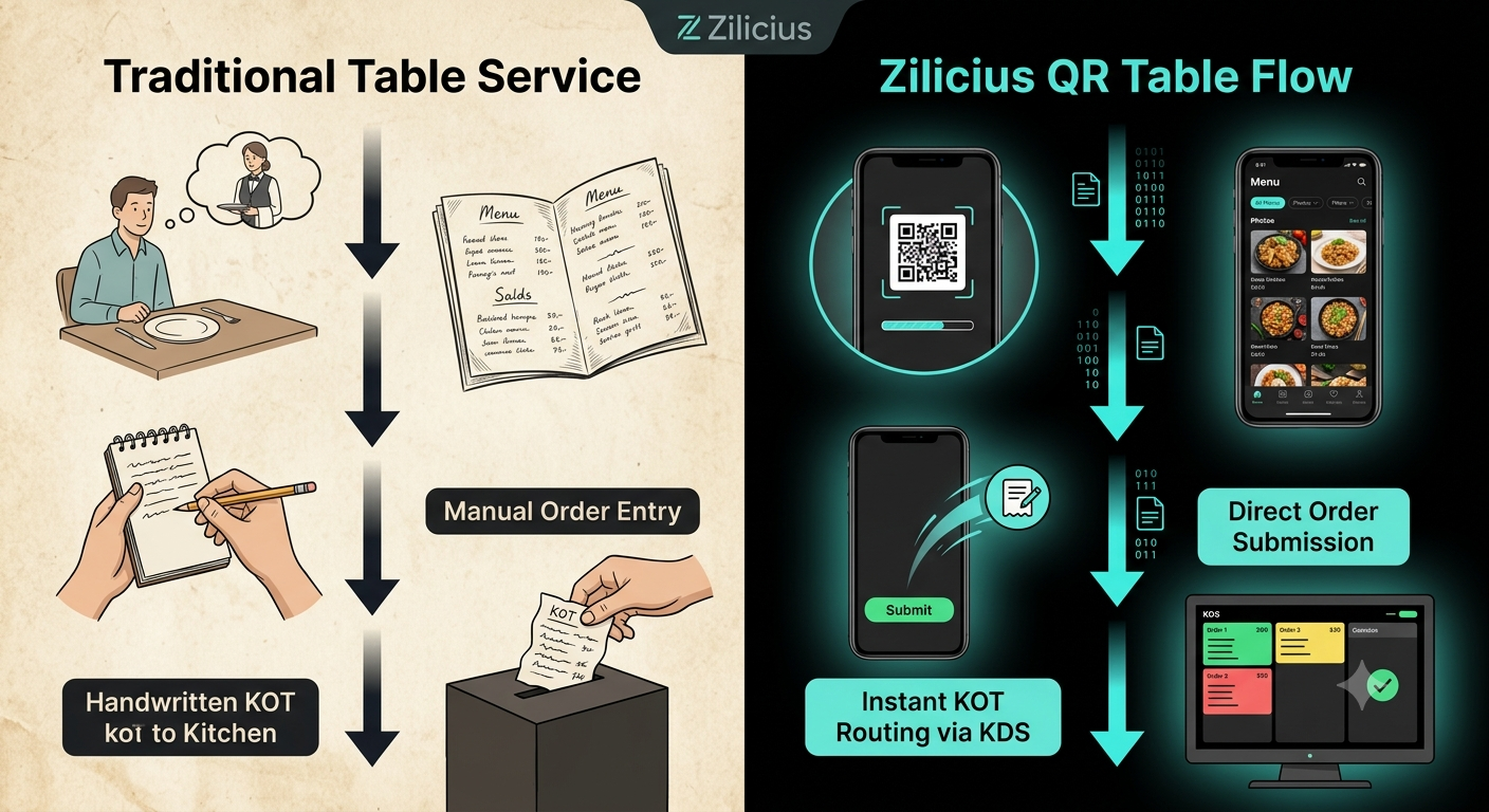 The comparison highlights how Zilicius QR Table Ordering transforms the traditional dine-in experience into a faster, smarter, and completely digital ordering process. Unlike conventional table service that depends on printed menus, handwritten notes, and manual order entry, Zilicius enables guests to place orders directly from their smartphones by simply scanning a QR code placed on the table.