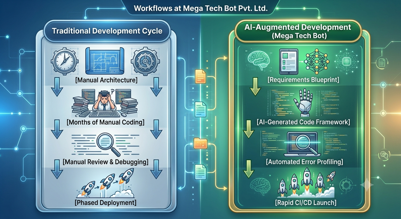 Traditional vs AI-Augmented Mobile App Development Workflow comparison showing manual coding, architecture, debugging, AI-generated code, automated testing, and rapid CI/CD deployment by Mega Tech Bot Pvt. Ltd.