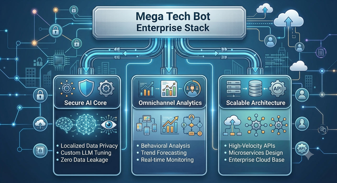 Enterprise AI architecture diagram by Mega Tech Bot showcasing a secure AI core, omnichannel analytics, scalable cloud architecture, APIs, microservices, and real-time business intelligence.