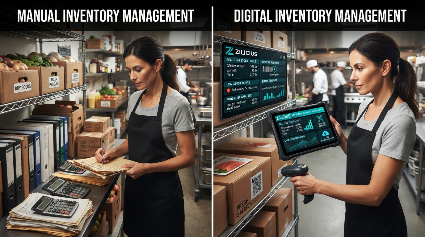 Comparison of manual restaurant inventory management and digital inventory management software for accurate stock tracking and business automation.