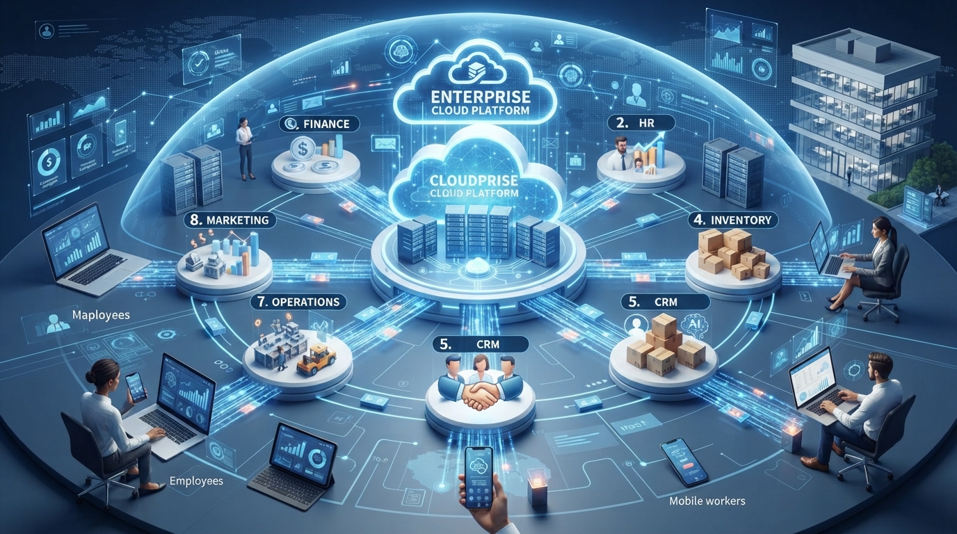Cloud computing architecture connecting enterprise software modules for efficient business operations and real-time data management.