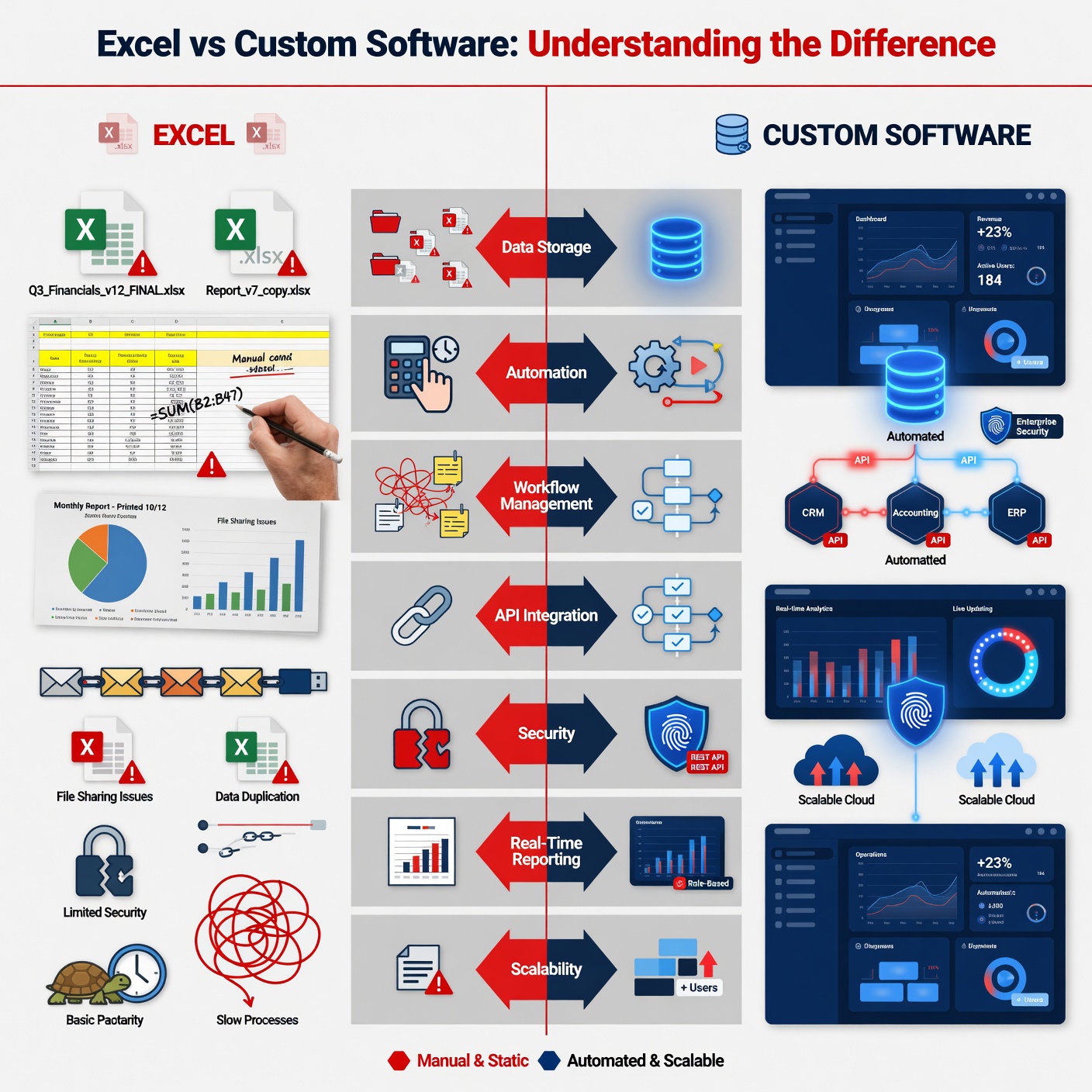 Excel vs custom software comparison showing differences in data storage, automation, workflow management, security, reporting, API integration, and business scalability.