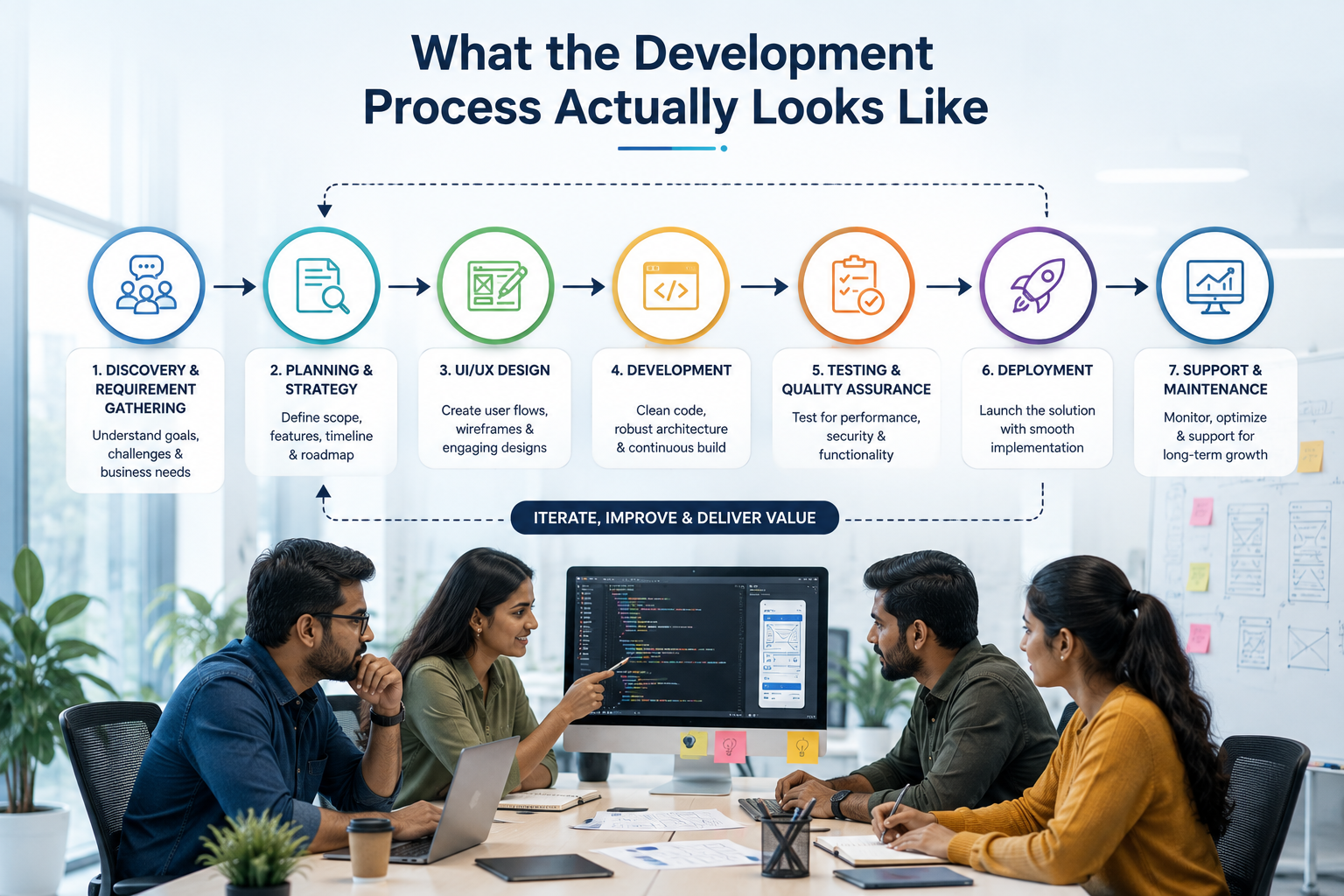 Alt text: Software development process showing discovery, planning, UI/UX design, development, testing, deployment, and ongoing support and maintenance.